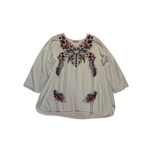 White Floral‎ Embroidered V-Neck Bohemian Festival Folk Peasant Blouse Size 2X